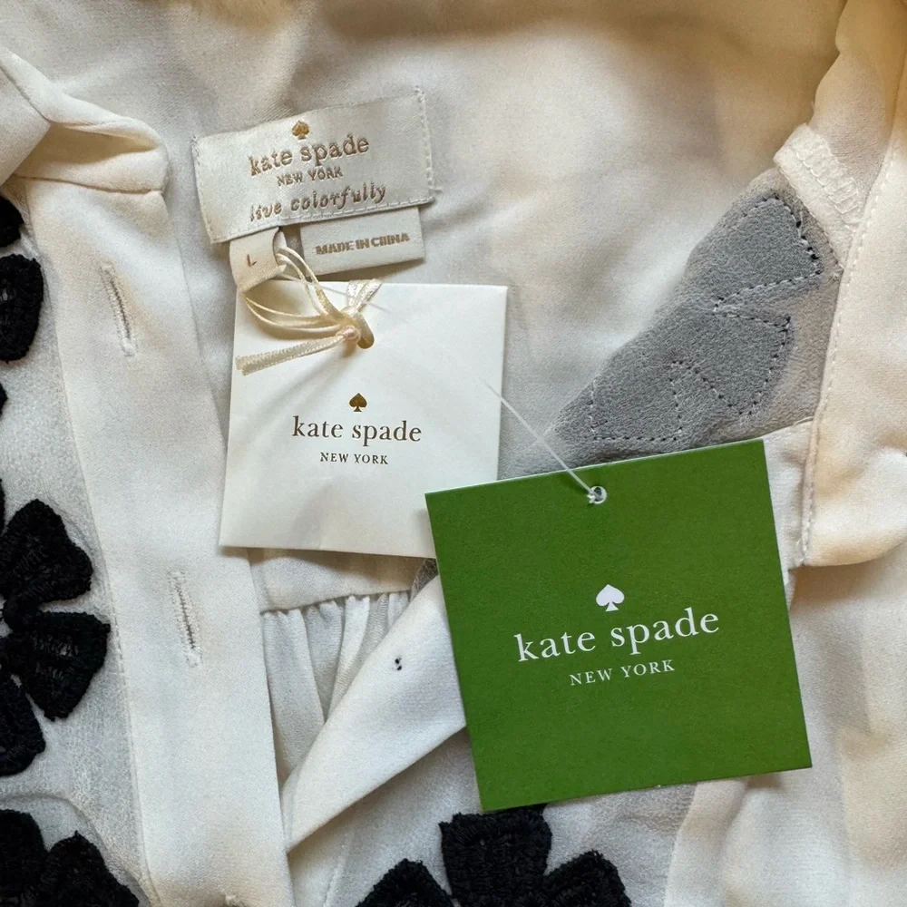 NWT Kate Spade Cream Blouse with Black Floral Details Size Large 100% Silk